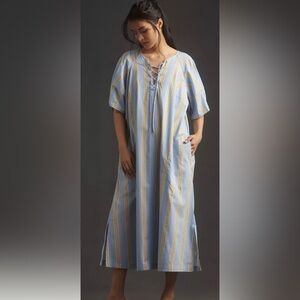 Maeve Anthropologie Oversized Short Sleeve Crossover V-neck Striped Midi Dress